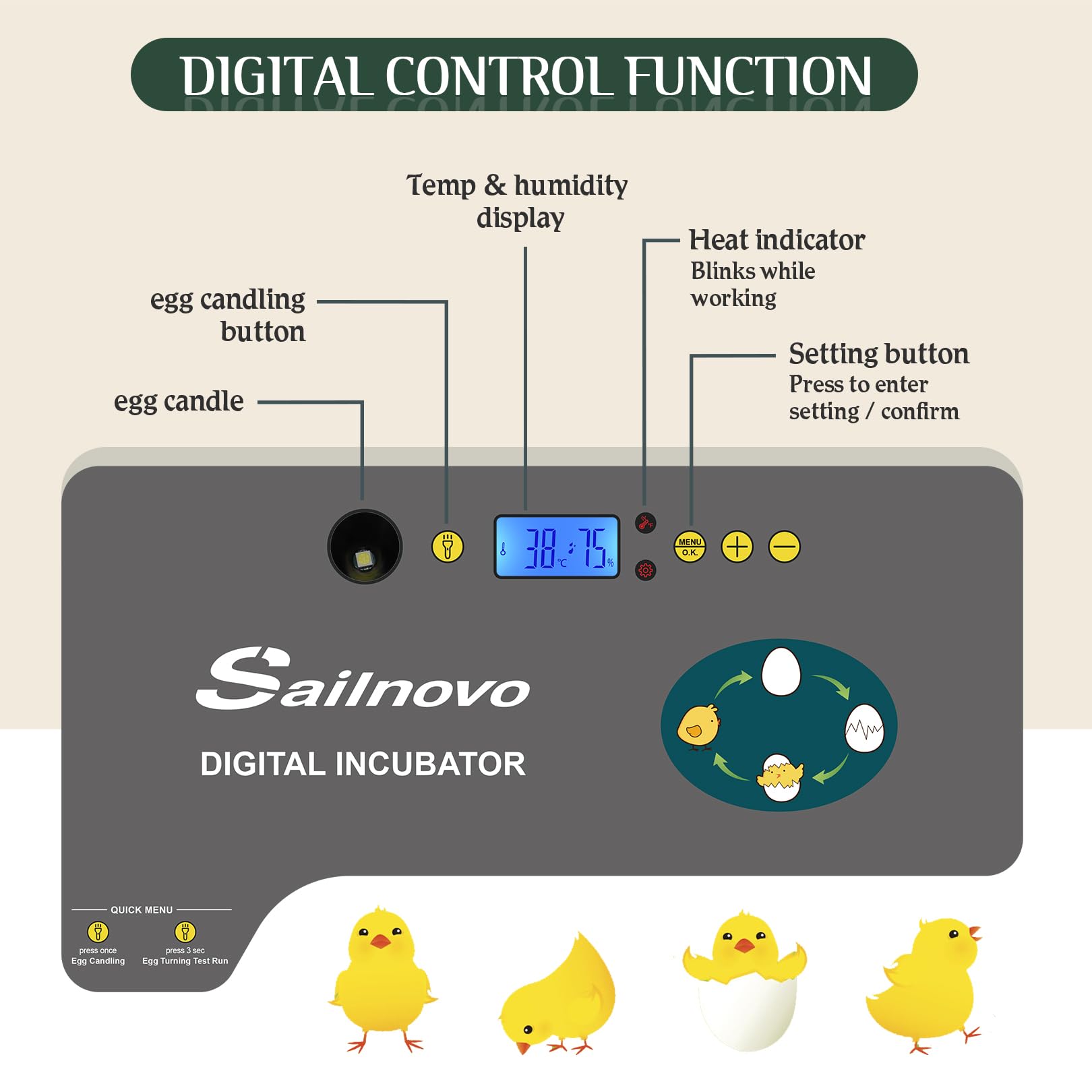 Sailnovo Sailvono 20 Incubateur entièrement automatique, avec ajout d'eau externe, contrôle de la température, éclairage LED, retournement automatique des œufs, de poules - Noir