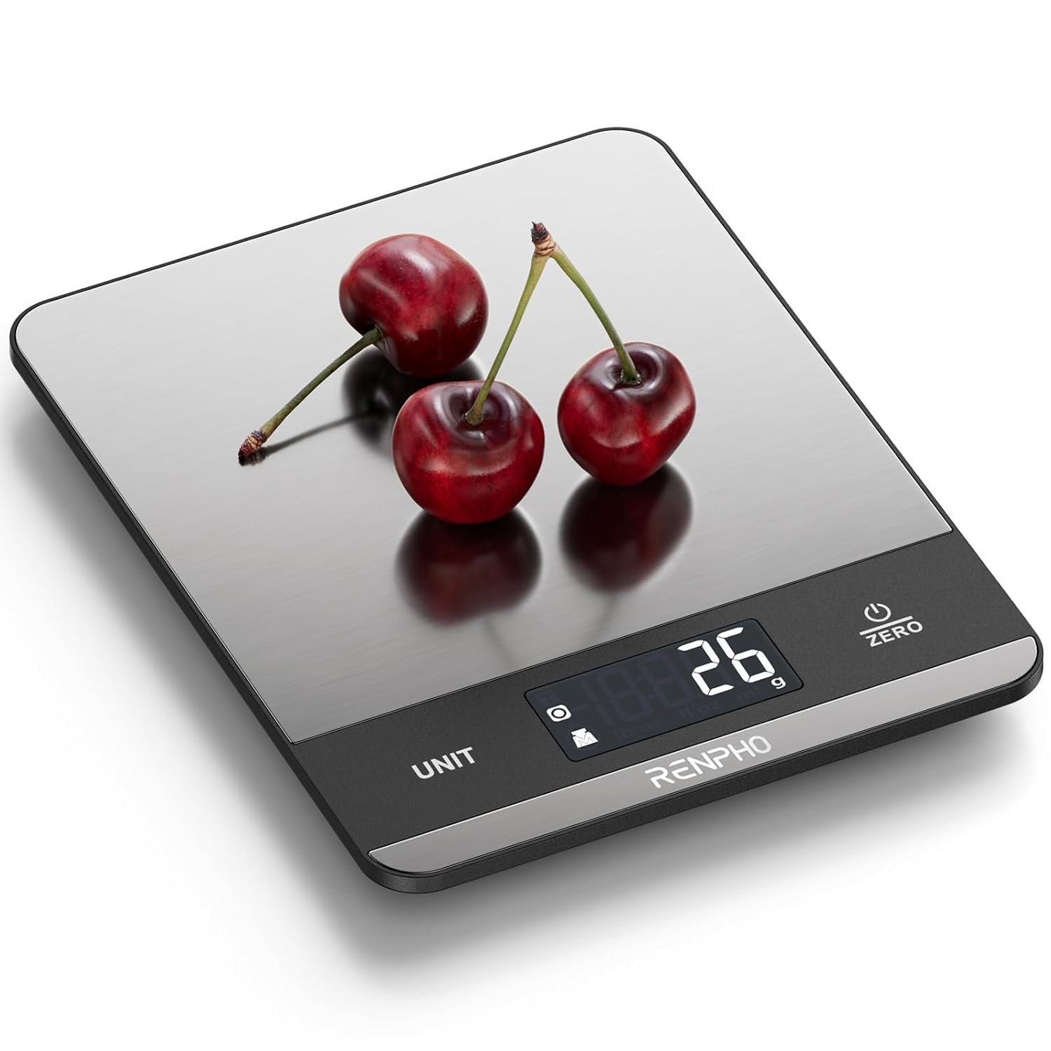 RENPHO Küchenwaage Digital 5kg, Waage Küchenwaage mit 7 Einheiten, Digitalwaage mit großer LCD-Anzeige, Großer Edelstahl Wiegefläche, Flüssigkeitsmessung, hohe Genauigkeit bis 1g