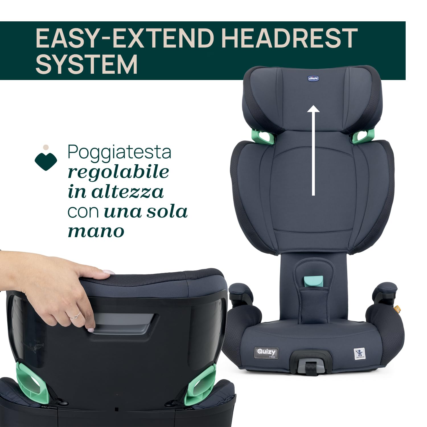 Chicco Quizy i-Size, Seggiolino Auto 3-12 Anni (100-150 cm), Peso 15-36 kg, Con Sistema Isofix, Regolabile in Altezza, con Braccioli Imbottiti e Seduta Confortevole, Gruppo 2/3, Blu