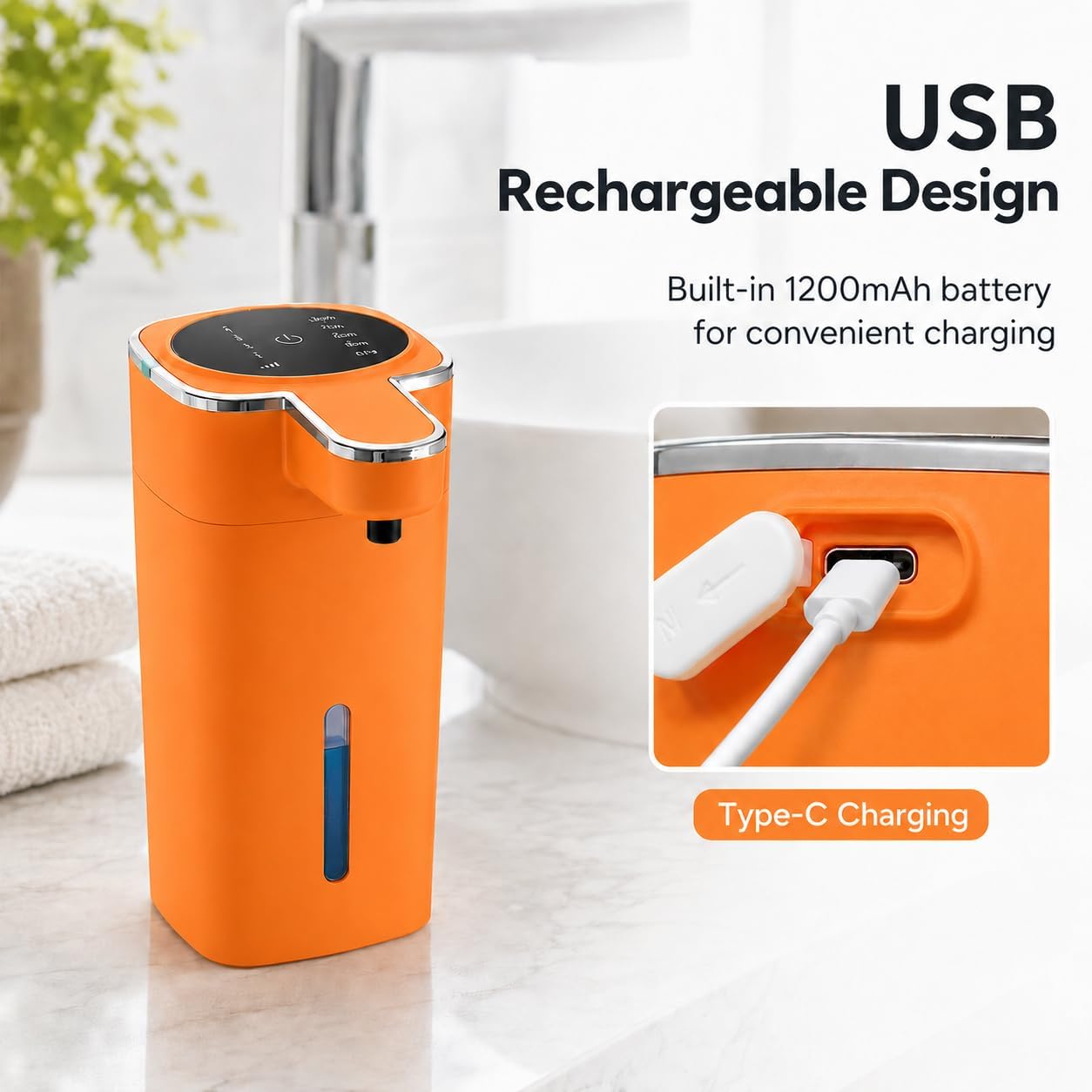 Automatic Liquid Soap Dispenser Touchless, USB Rechargeable (Orange)