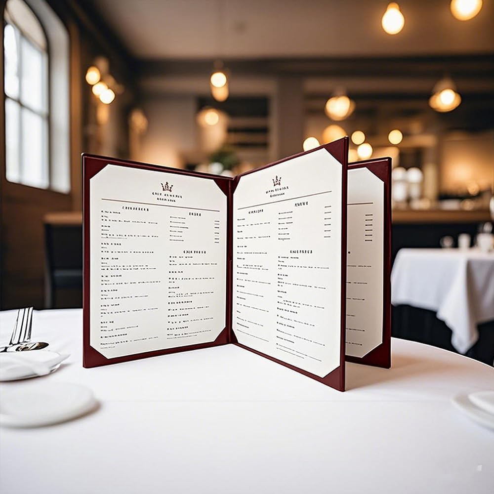 Goodsmart Columbia Casebound Menu Covers – 5-Pack, Burgundy Premium Faux Leather Restaurant Menu Holders, 8.5" x 11", 4-View with Interior Album Corners