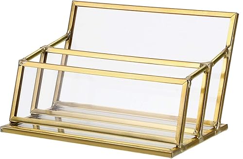 Hipiwe - Soporte para tarjetas de visita de cristal diseño vintage color dorado y dorado 2 Slots