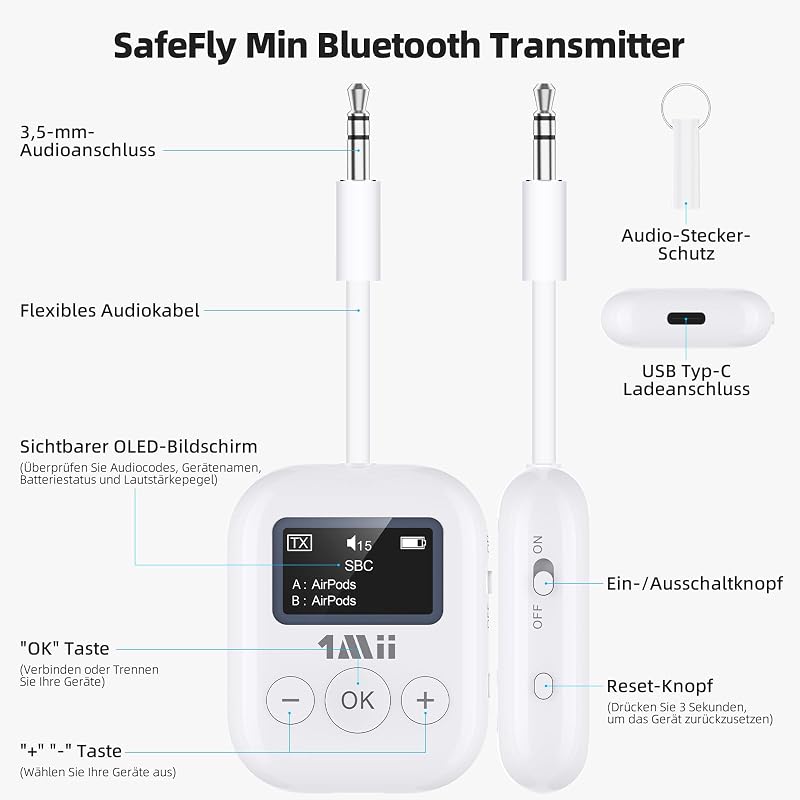 1Mii SafeFly Min Bluetooth 5.3 Adó Fejhallgatókhoz - Kettős Csatlakozás, OLED Kijelző, 25 Órás Üzemidő, AptX Alacsony Késleltetés, Repülőgép