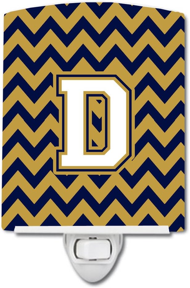 Caroline's Treasures CJ1057-DCNL Letter D Chevron Navy Blue and Gold Ceramic Night Light Compact, UL-Certified, Ideal for Bedroom, Bathroom, Nursery, Hallway, Kitchen, 6x4x3, Multicolor