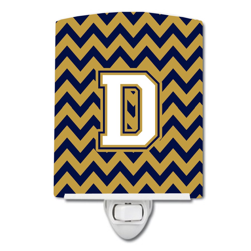 Caroline's Treasures CJ1057-DCNL Letter D Chevron Navy Blue and Gold Ceramic Night Light Compact, UL-Certified, Ideal for Bedroom, Bathroom, Nursery, Hallway, Kitchen, 6x4x3, Multicolor