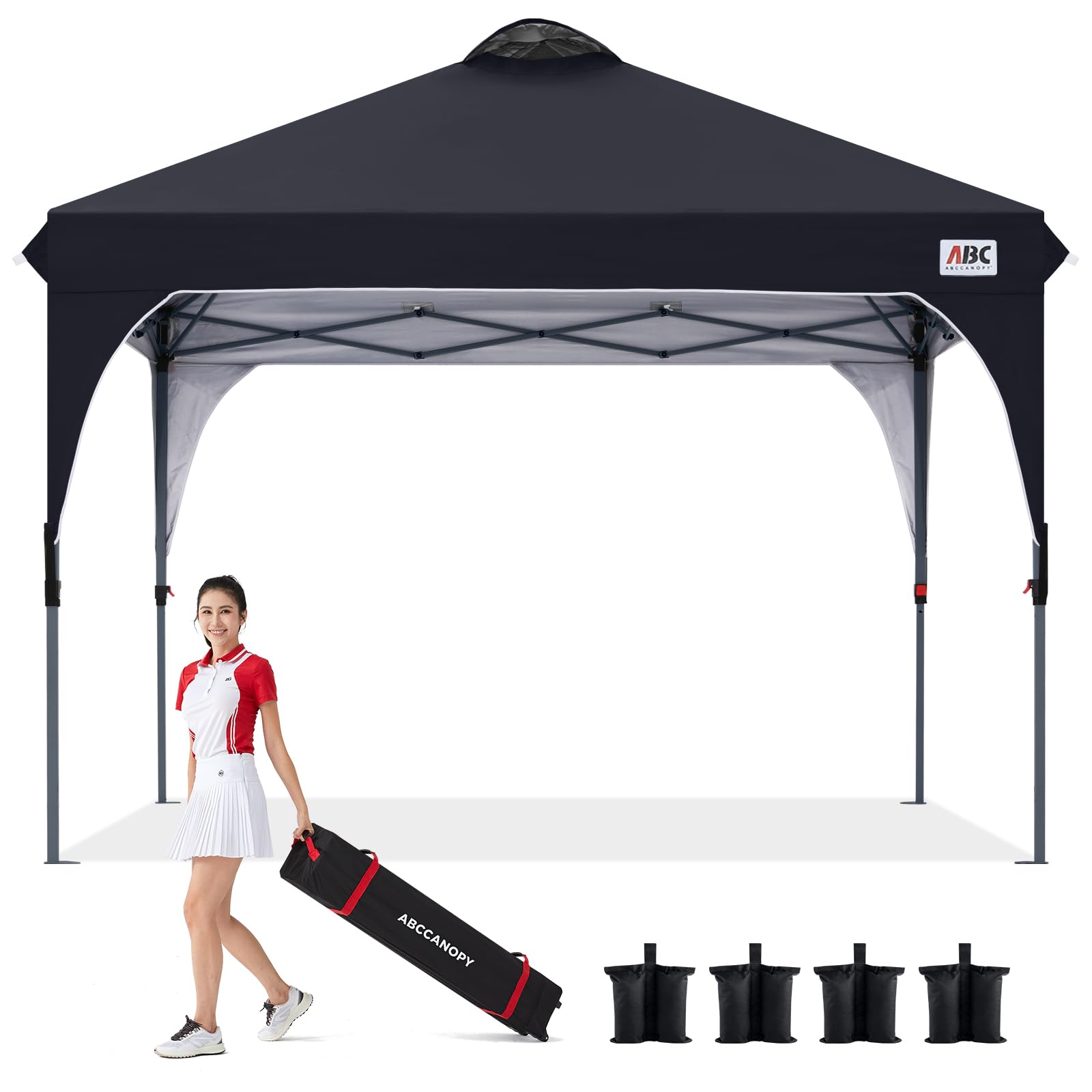 ABCCANOPY 【在庫一掃】 タープテント ワンタッチ 3段階調節 ベンチレーション 天井 2.5m/3m アウトドア 簡単 大型 タープ テント キャスターバッグ付き 高耐水圧 遮熱日除け 付属品付き ブラック 3M