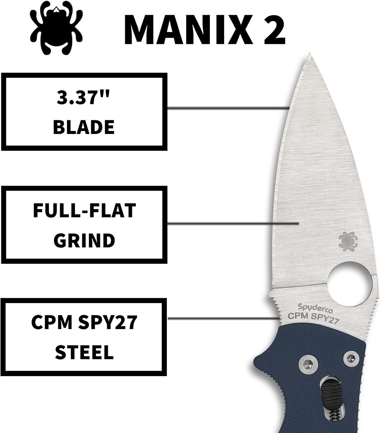 Spyderco Manix 2 Folding Pocket Knife with 3.3" CPM SPY27 Steel Blade and G-10 Handle - EDC Knife for Men and Women, Perfect for Hunting, Tactical, Camping, Survival, Hiking - PlainEdge - C101GPCBL2