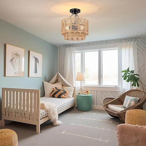 Miniatura 3 de Lámpara de techo semiempotrada de ratán de 12.6 pulgadas, lámparas bohemias con tambor de 2 niveles tejida a mano con pantalla de ratán natural