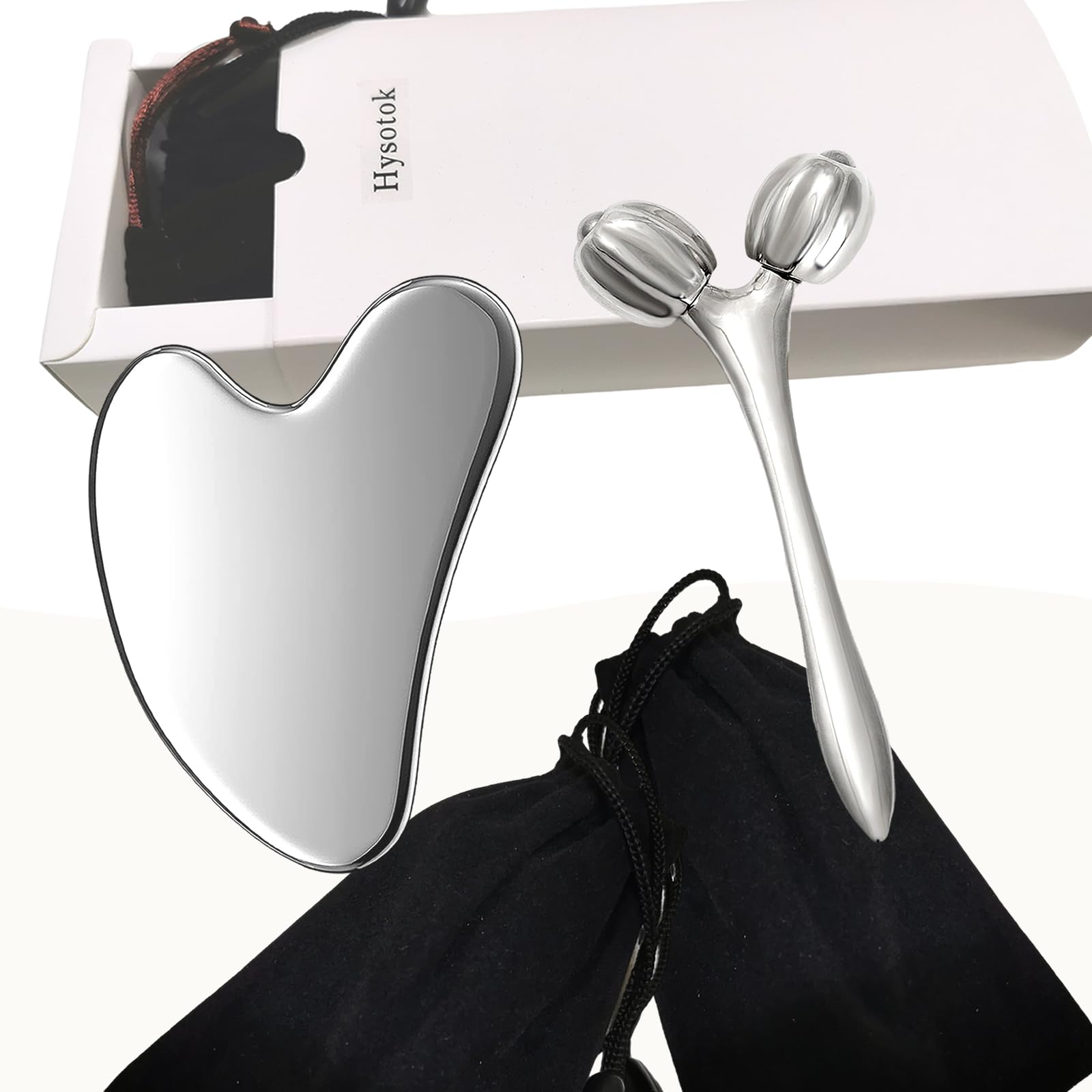 Gua Sha - Juego de herramientas faciales de acero inoxidable, rodillo facial y Gua Sha para masaje facial, cuello, ojos, cuerpo, elevación de barbilla y estiramiento de la piel (corazón
