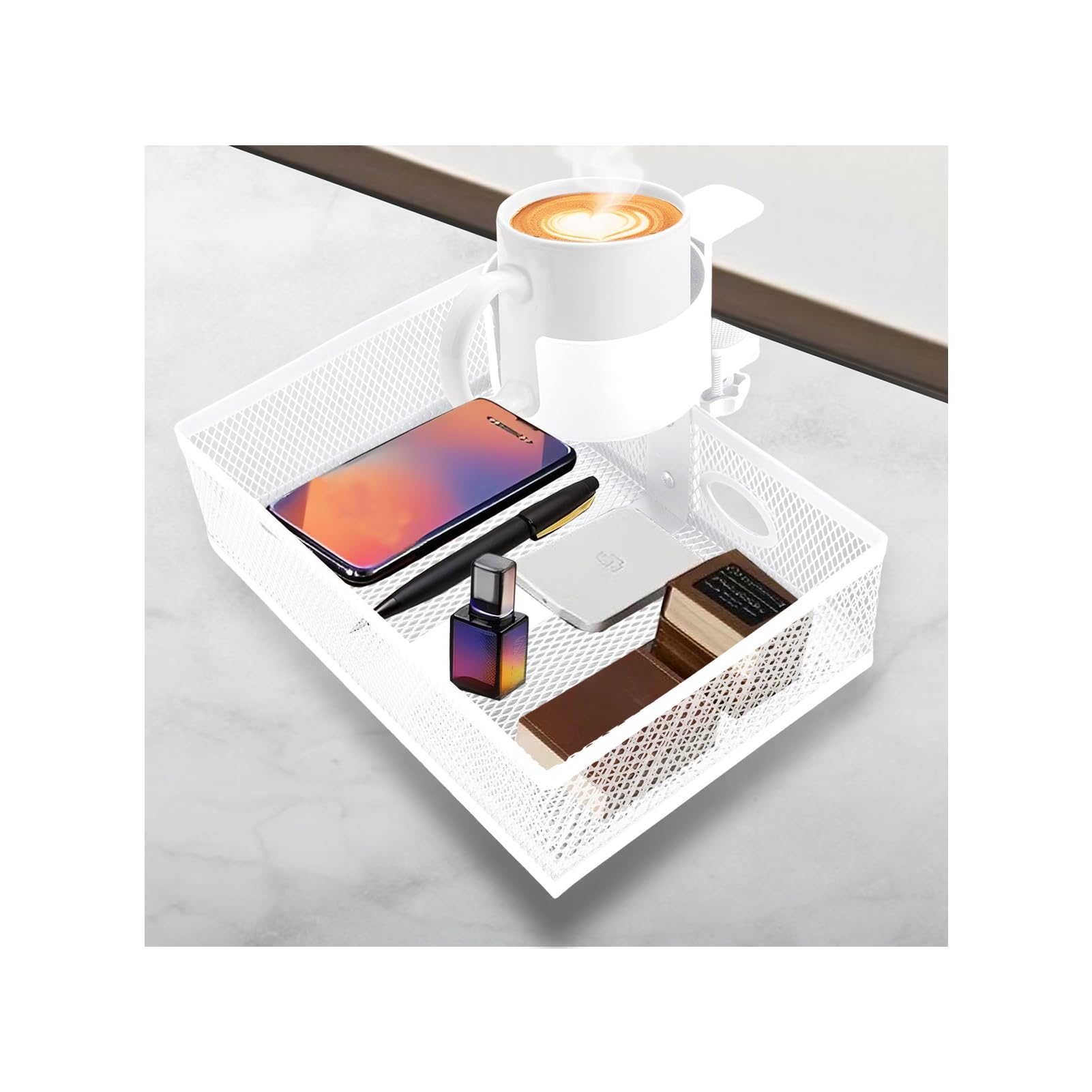 Gugxiom 360 Under Desk Organizer With Cup Holder, Hidden Storage Drawer, Sturdy C-Clamp for Home Office (White)