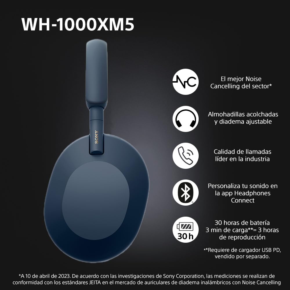 Sony WH-1000XM5 - Casque Bluetooth sans Fil à réduction de Bruit - 30 Heures d'autonomie - Optimisé pour Alexa et Google Assistant Bleu (Reconditionné)