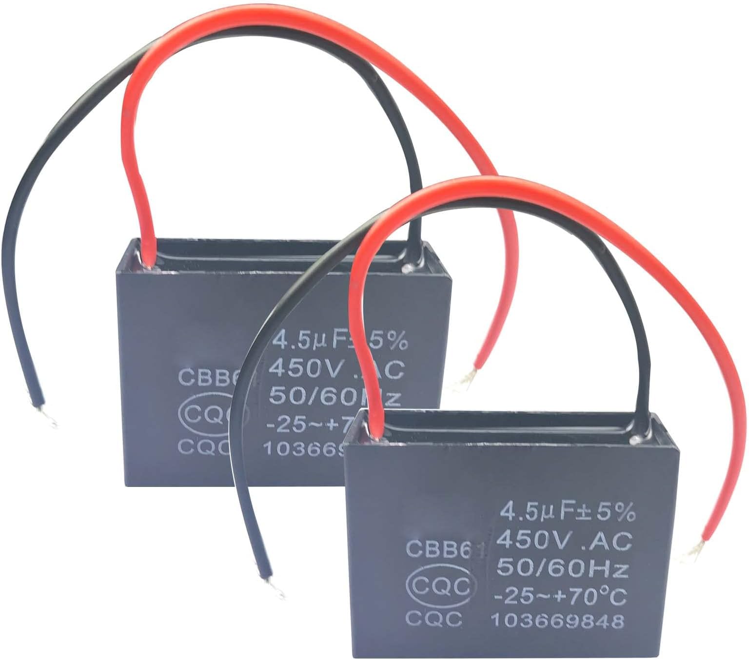 CBB61 Ceiling Fan Capacitor 2 Wire 4.5uf Compatible with 400/350/300/250VAC Fan Capacitor 50/60Hz CBB61-4.5uF（2 Pack）