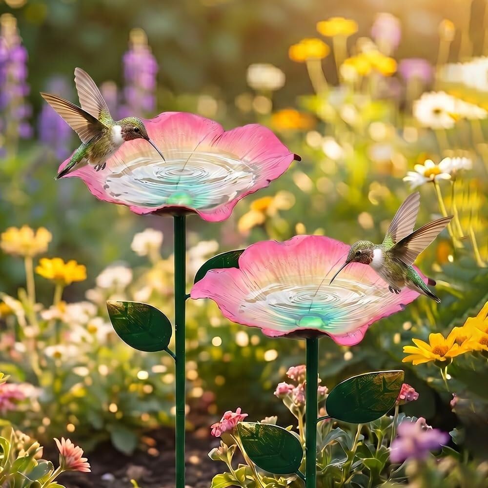 sloiaz Handmade Metal Flower Garden Stake, Colorful Butterfly Bee Water Feeder Bird Bath Bowl, Hummingbird Fountain Bee Watering Station Outdoor Yard Garden Decor(Red,2PCS)