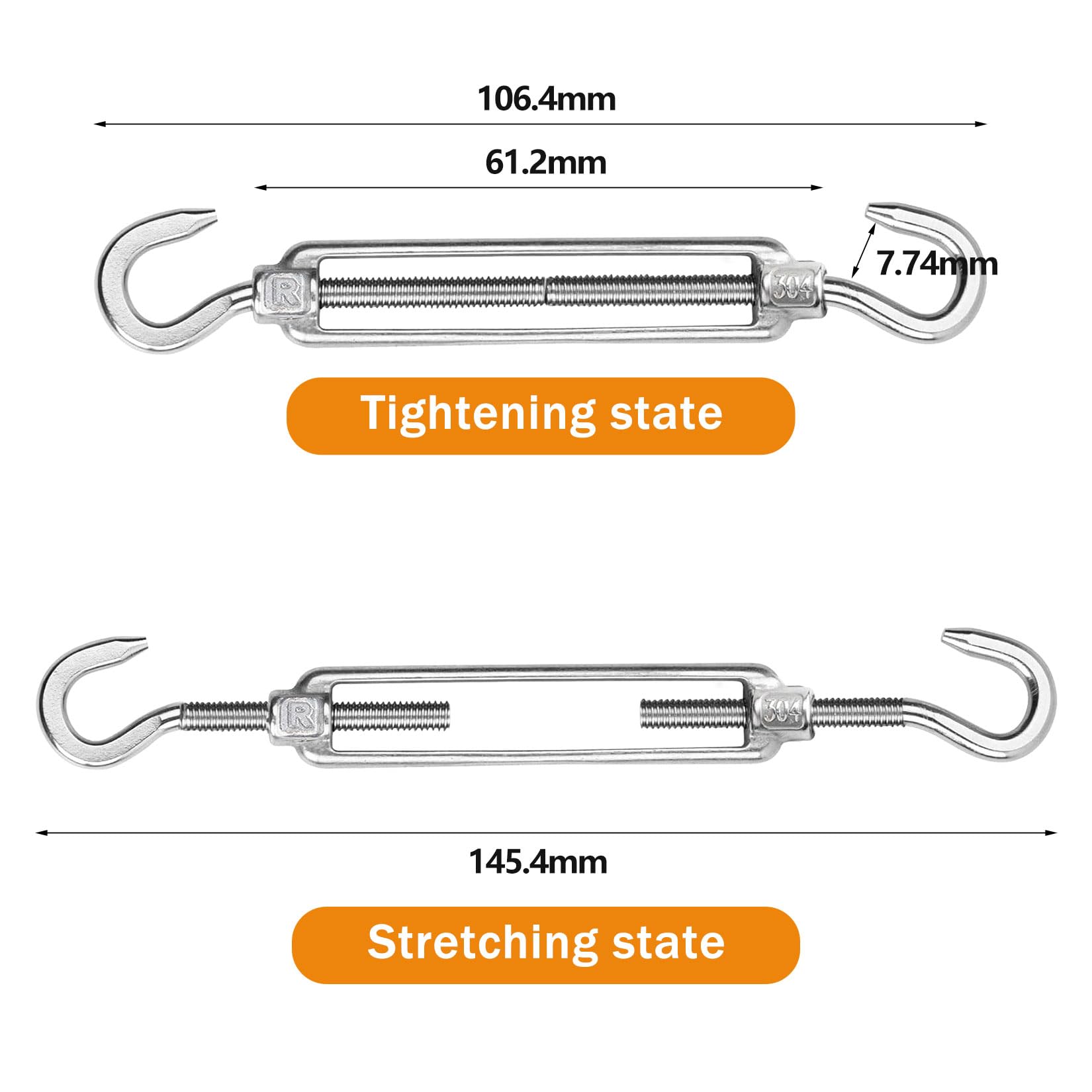 6 sztuk napinaczy do linki M4, stal nierdzewna 304, regulowane napinacze drutu, haki mocujące Heavy Duty, haki napinające