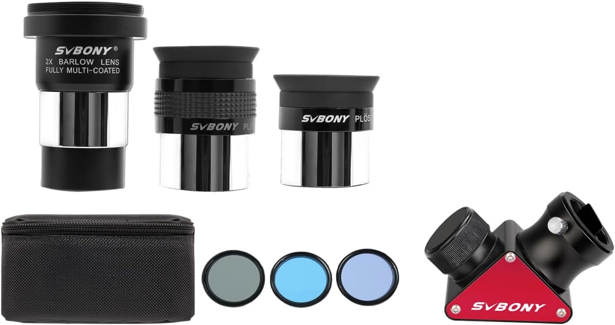 SVBONY SV188P Dielectric Mirror Star Diagonal Bundle with SV233 7PCS Telescope Accessory Kit, 6mm 17mm Plossl Eyepiece, 2X Barlow Lens, Moon Filter ND4 Filter 82A Color Filter and Portable Bag
