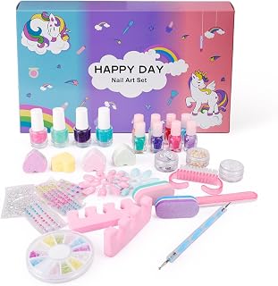Water Based Nail Polishes Set Girls, 34Pcs Nail Art Tool Kit for Girls Age 6-15 Including Peelable Nail Polishes, Dotting Pen, False Nail, DIY Sticker, 3D Nail Charms, Nail File and More