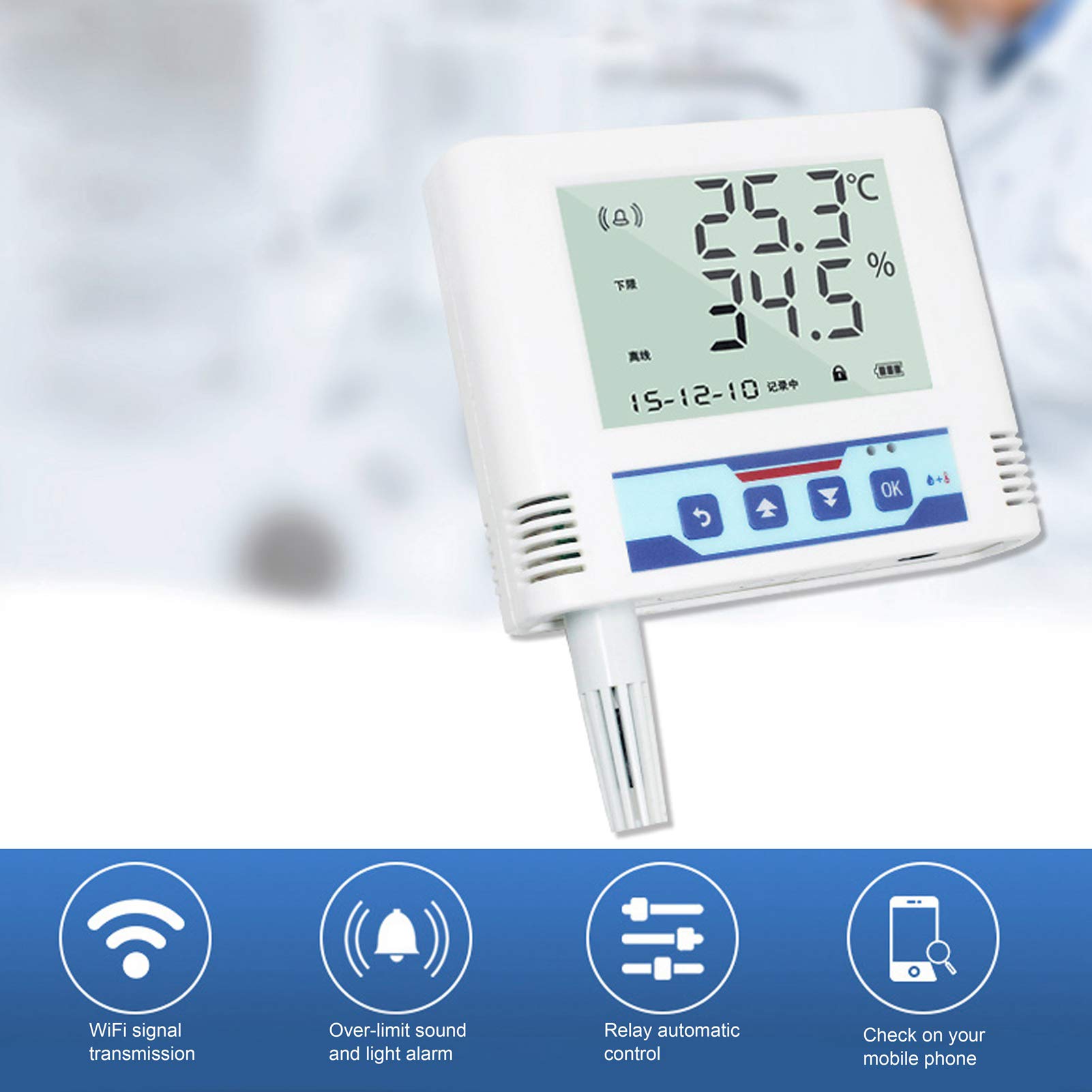 Registrador Digital Avanzado con Sensor de Humedad y Temperatura WiFi para Almacén, Laboratorio e Invernadero - ABS, Aprox.122x102x36mm