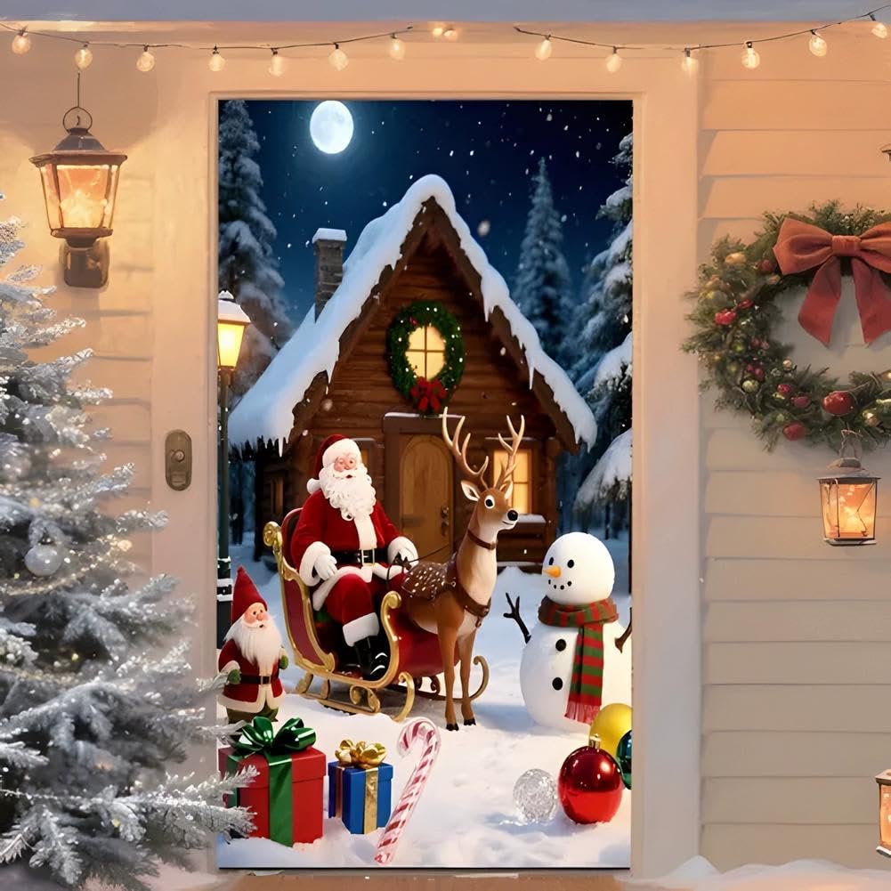 Christmas Door Cover with Elastic,35'' x 79'' Stretchy Cloth Front Door Cover Decoration Christmas Party Banner Supplies for Home, Office, Indoor & Outdoor Use (style-D, 90 * 200 cm)