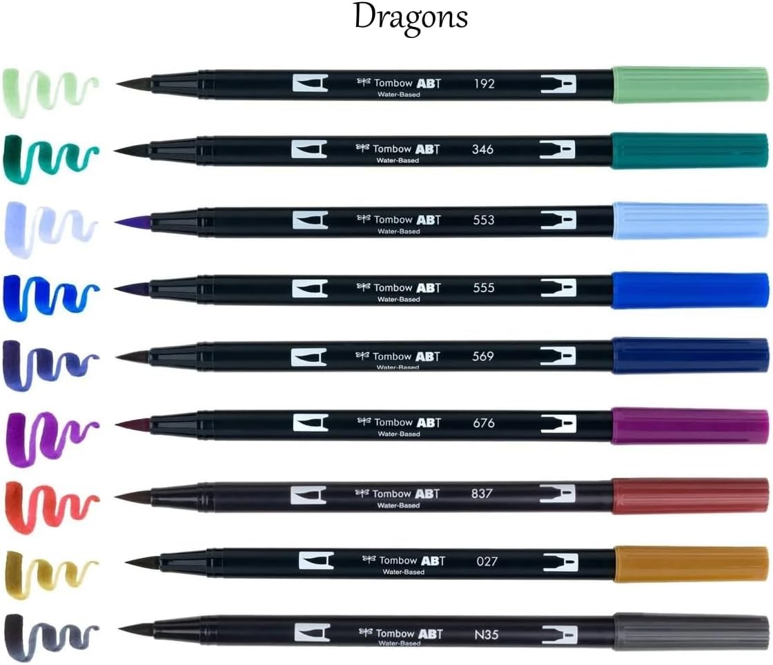 Tombow: Dual Brush Pen 3 Pack Set- Mermaids, Fairies, & Dragons - 30 Piece - Includes Blender Pens - Water Based Art Marker with Self-Cleaning Tip