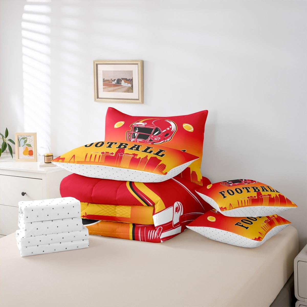 Erosebridal American Soccer Comforter Set with Sheets Full Boys Football Fans 7 Pcs Bedding Set American Rugby Sports Bed in A Bag for Kids Teen Adults,City Silhouette Ball Games Bed Set