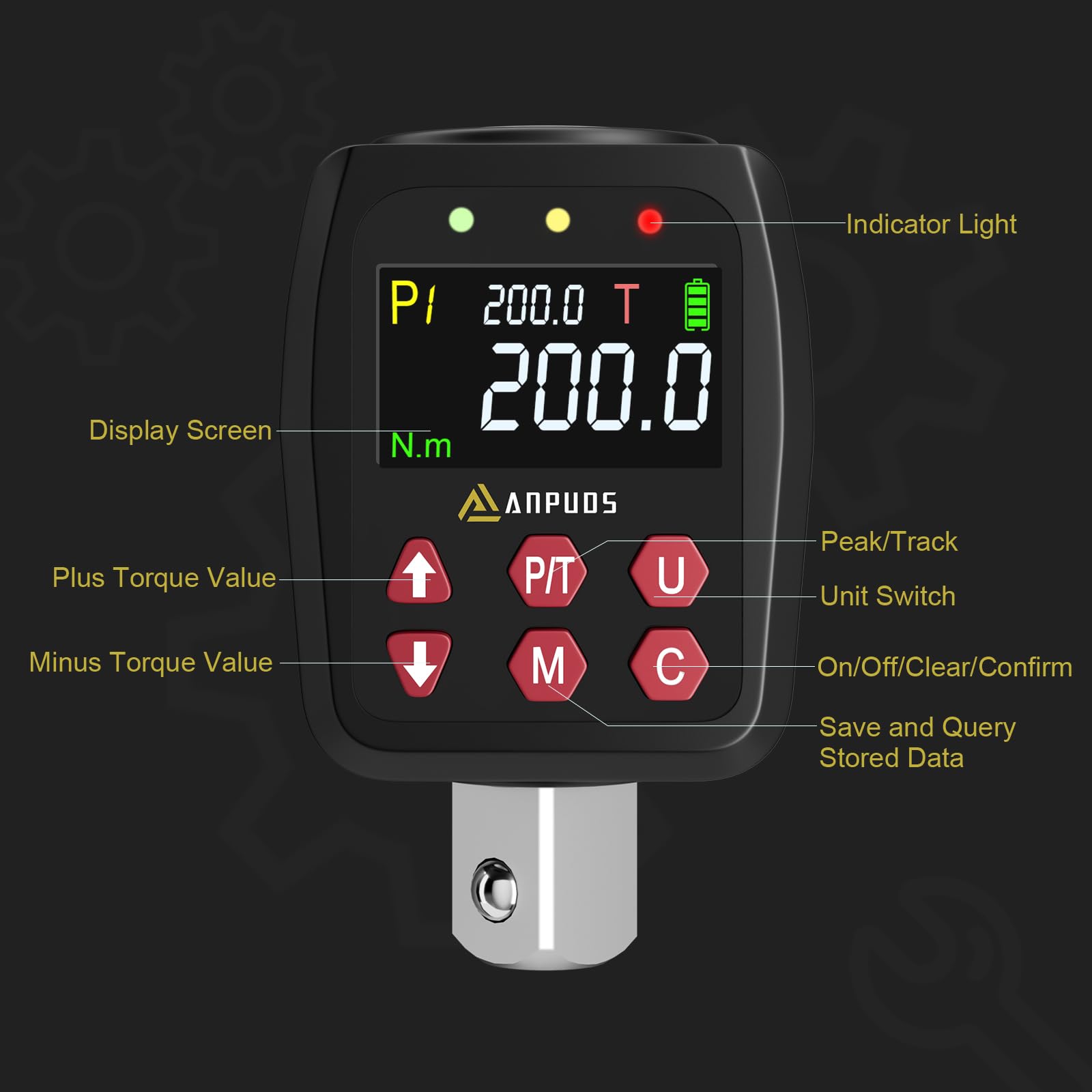 ANPUDS Digitaler Drehmomentadapter, 1/2 Zoll 10-200 Nm Drehmomentadapter Set mit Voreingestellter, Lagerung, Summer, LCD-Anzeige, ± 1% Fehlergenauigkeit, 1/4" 3/8" Adapter für Auto, Motorrad, Fahrrad