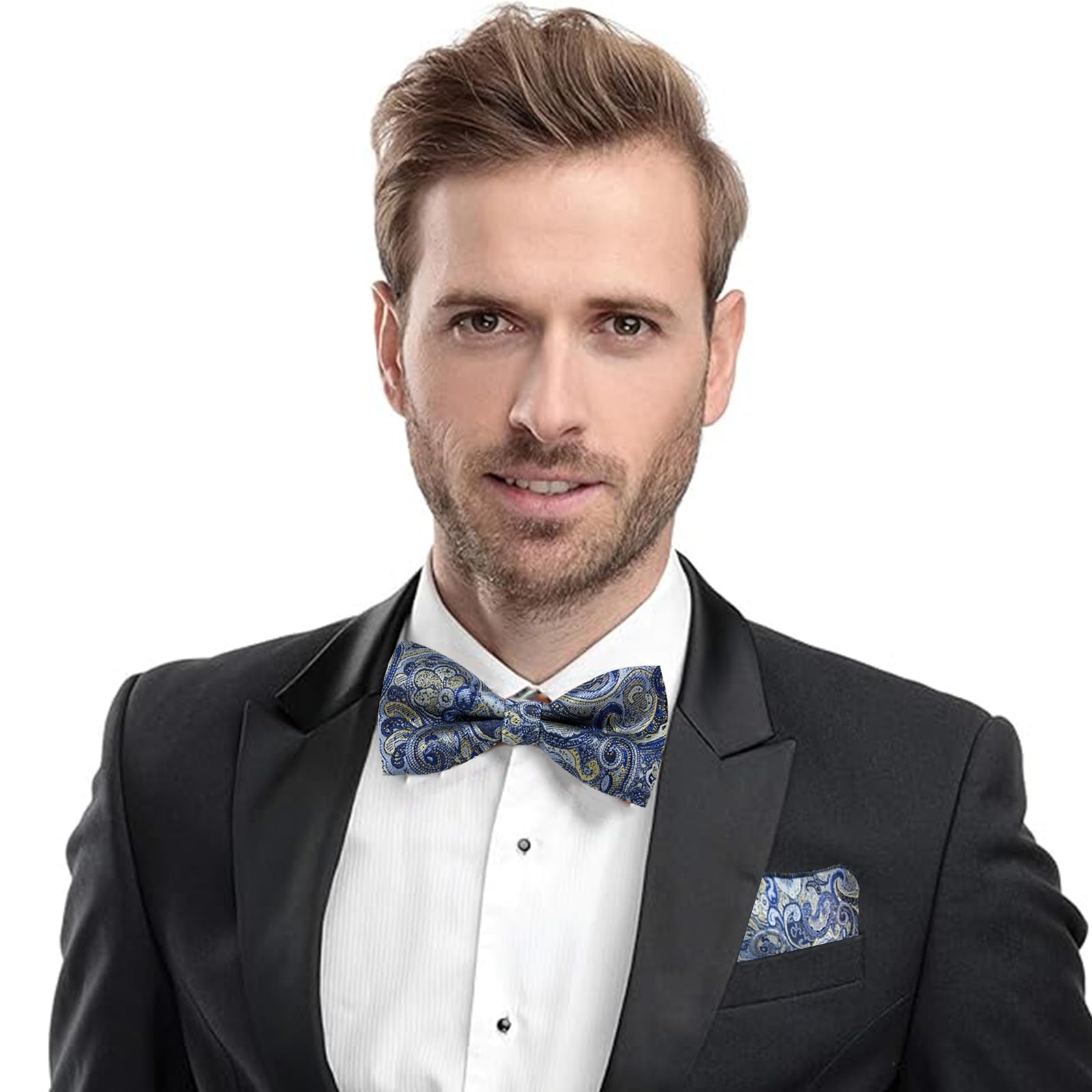 Fliege Herren und Manchettenknoepfe mit Einstecktuch Set, Verstellbare Polyester Vorgebunden Fliege Anzug Für Hochzeit Smoking Party