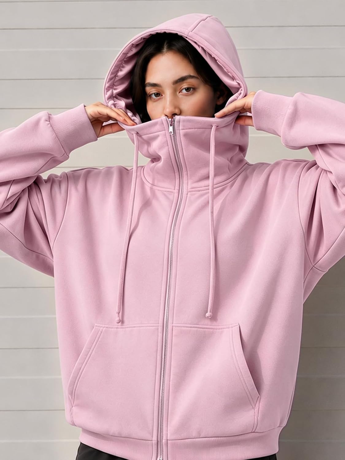 Miusey Women's Big Satin Lined Hood Oversized Zip Hoodie Fleece Jackets
