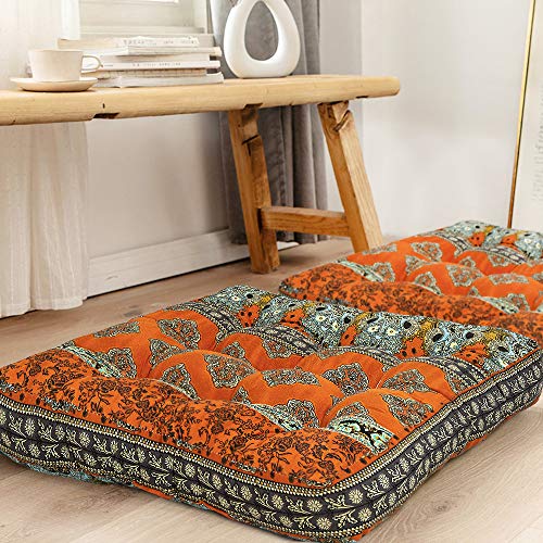 HIGOGOGO Square Bohemian Floor Cushion, Cotton Linen Boho Design Seat Cushion for Adults Kids, Thick Meditation Pillow for Yoga Living Room Sofa Balcony Outdoor, Orange, 22x22 Inch, 1 Pack