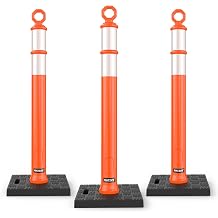 BATTIFE 3 Pack 42 Inch Orange Traffic Delineator Posts with Reflective Collars and Base, Safety Cones for Construction Zones and Driving Practice
