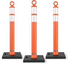 BATTIFE 3 Pack 42 Inch Orange Traffic Delineator Posts with Reflective Collars and Base, Safety Cones for Construction Zones and Driving Practice
