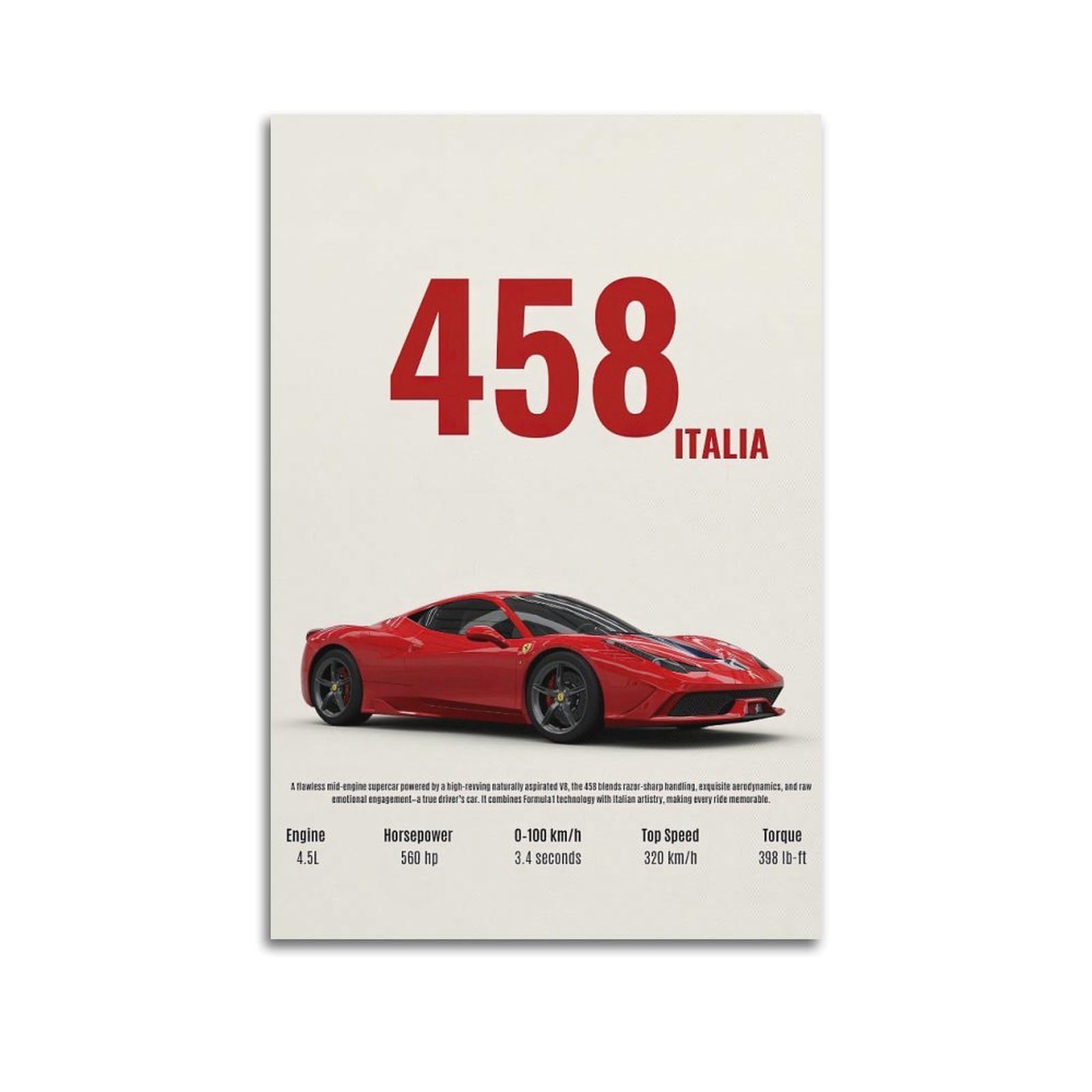OKAHYS 458 Italia Supercar Poster Italy Luxury Sports Car Artwork Decorative Painting Canvas Wall Artworks Picture 16x24inch(40x60cm)