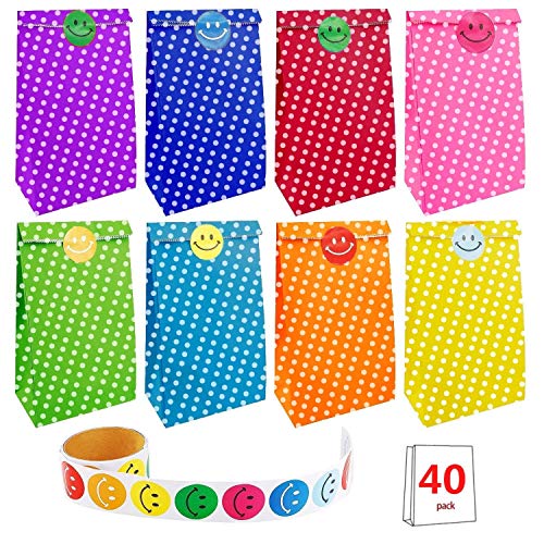 AOSEA 40 Pieces Party Bag, 8 Color Dot Paper Party Bags with 100 Pieces Smile Face Stickers Favor Paper Candy Bags Gift Bags for Kids Birthday Party Supplies