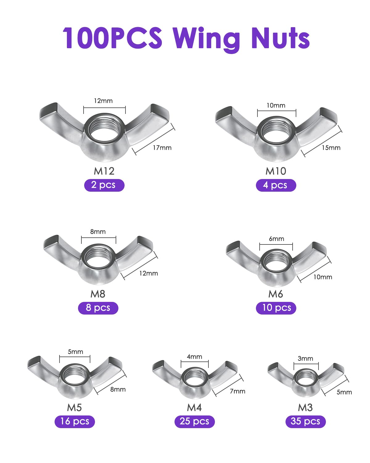 100PCS Wing Nuts Assortment Kit, BUNTOR Carbon Steel Butterfly Nut Set, M3/M4/M5/M6/M8/M10/M12 Nuts - Image 2