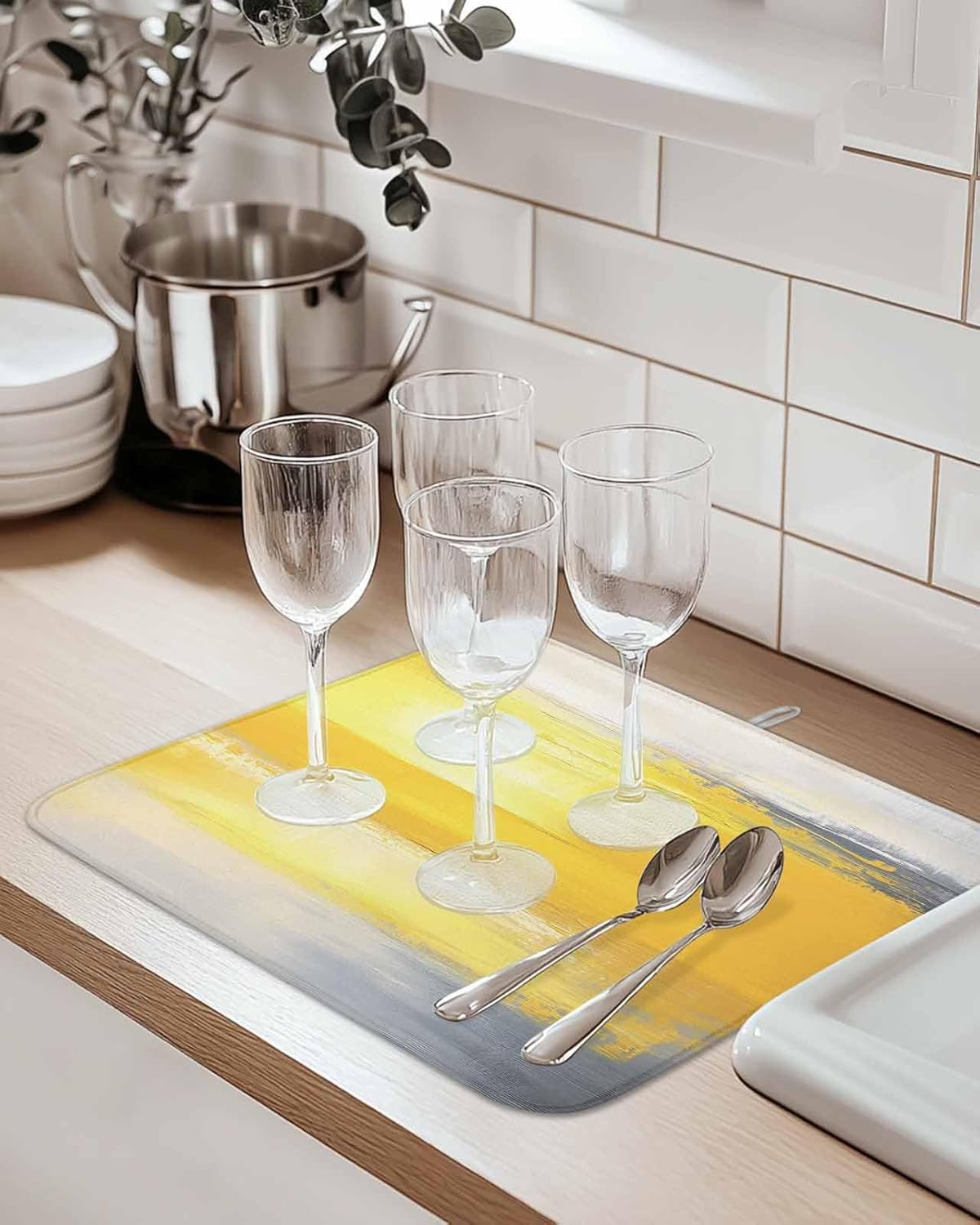 Dish Drying Mat for Kitchen, Abstract Dark Gray Yellow Absorbent Dish Drying Pad, Kitchen Counter Mat for Dishes Utensils Camping, 18"x24"(2 Pcs)