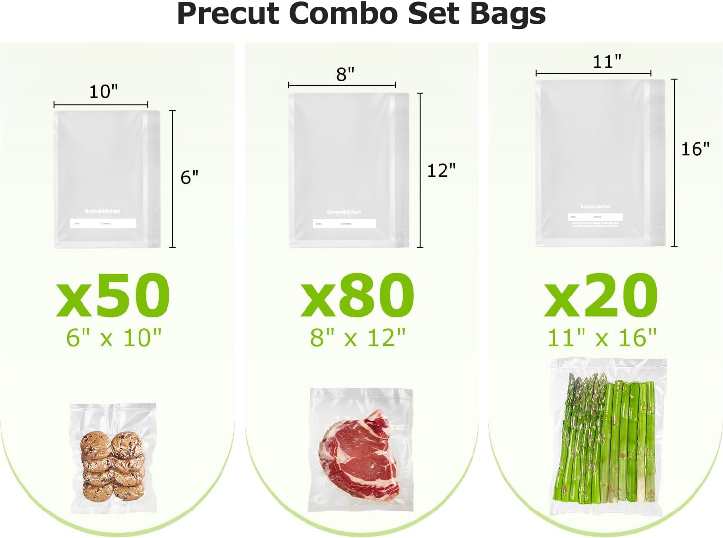 Bonsenkitchen Vacuum Sealer Bags, 20 Gallon 11" x 16"+ 80 Quart 8" x 12"+ 50 Pint 6" x 10", Commercial Grade, BPA Free, Food Sealer Bags for Vac Storage, Meal Prep or Sous Vide Cooking, VB15 - Image 2