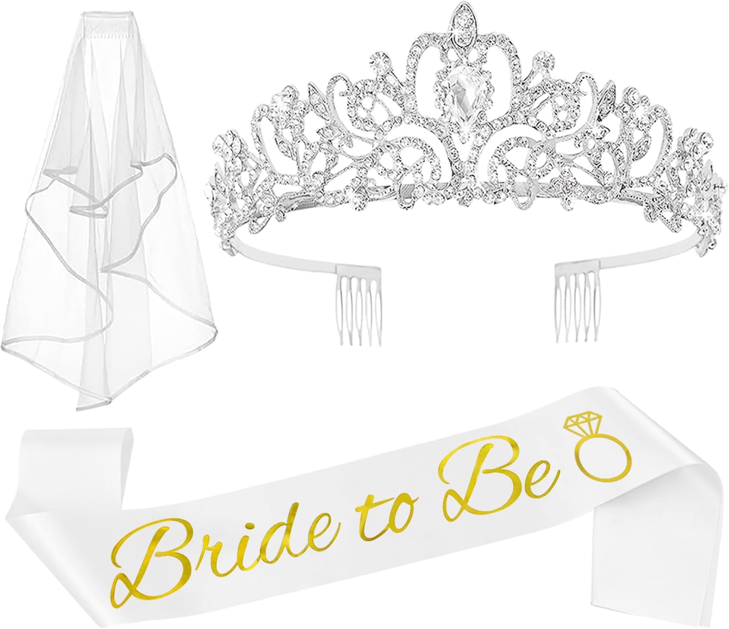JETKONG 3 Pcs Bachelorette Party Decorations Bridal Shower Crown, Bride to Be Sash&Veil for Women Bachelorette Party Gifts, Bachelorette Party Supplies, Gifts, Favors (Silver)