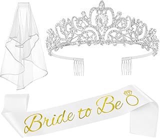 JETKONG 3 Pcs Bachelorette Party Decorations Bridal Shower Crown, Bride to Be Sash&Veil for Women Bachelorette Party Gifts, Bachelorette Party Supplies, Gifts, Favors (Silver)