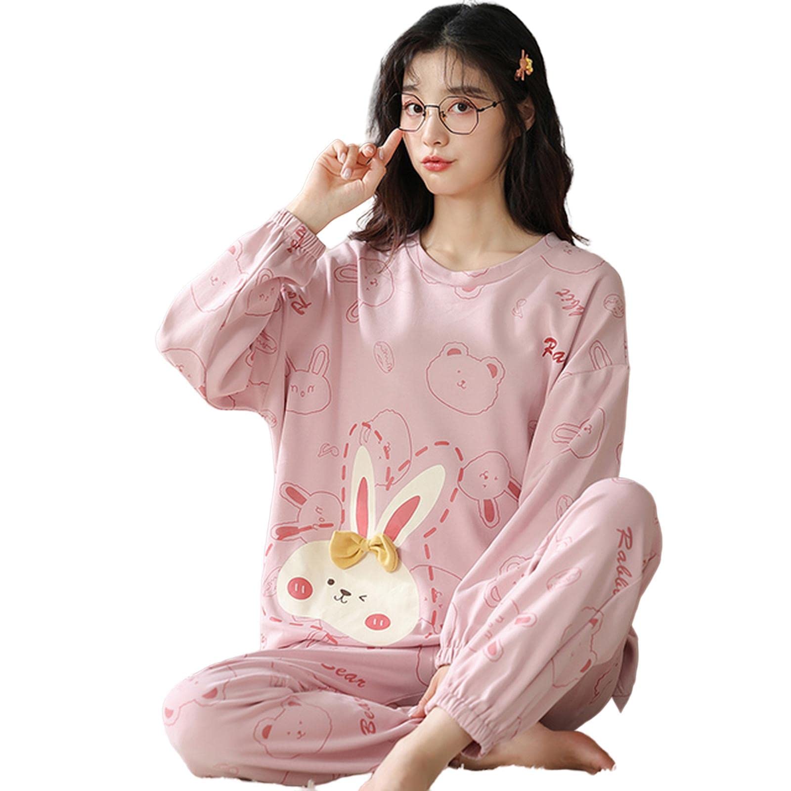 MOGSA Pijama para mujer, conjunto de pijama de algodón para primavera y otoño, pijama de dibujos animados a cuadros, ropa de dormir, ropa de noche, ropa de hogar, W9, 2XL asiático (70-80 kg), rosa