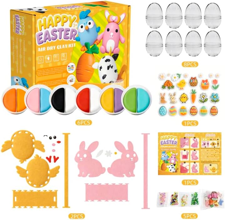Easter DIY Crafts Kit-8 Pack Easter Bunny Eggs DIY Arts and Crafts Modeling Clay Gifts Bulk for Prefilled Egg Homeschool Art Decor,Basket Stuffers Fillers,Party Favors and Classroom Prize Supplies