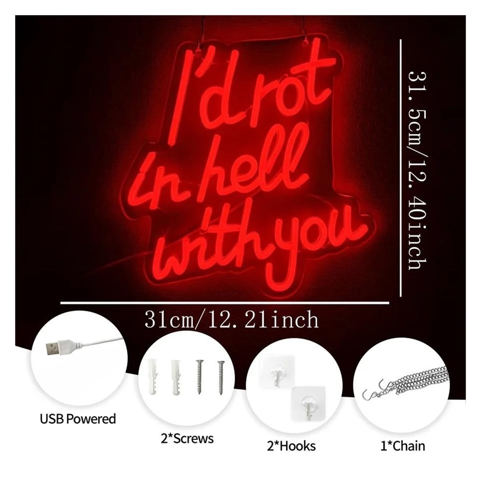 néon signe Enseigne Lumineuse I'D Rot In Hell With You Intensité Variable Alimentée Par USB Pour Fête, Maison, Bar, Club, Chambre Décoration Murale 31cmx31.5cm
