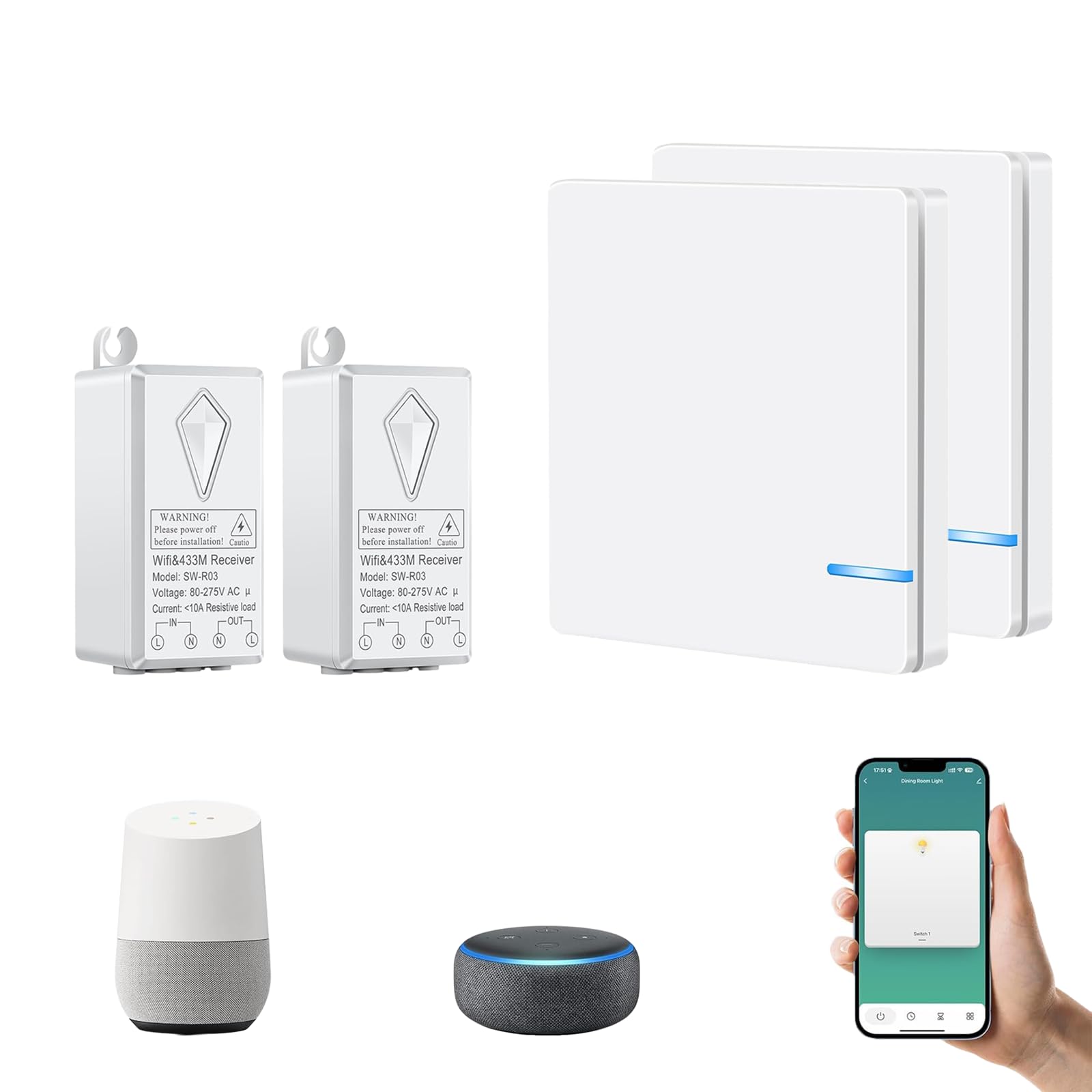 NineLeaf Wireless Smart Light Switch with Receiver,No Wiring Required,Schedule and Timer,Voice Control with Alexa & Google Assistant,Multi-Way Switches for Home Lighting (2 Switch+2 WIFI Receiver)