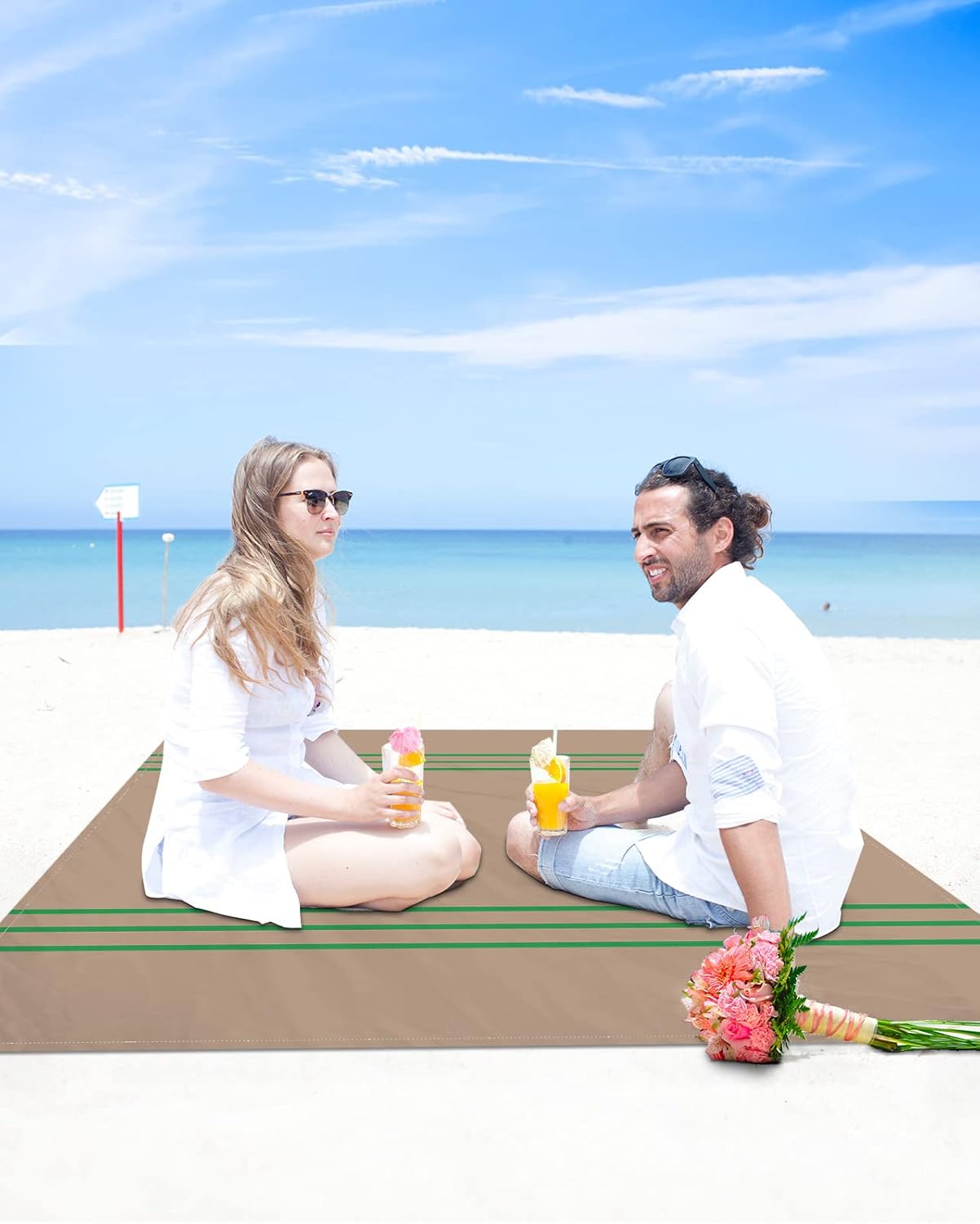 Vintage Green Line Stripes Beach Blanket Waterproof Sandproof Outdoor Picnic Mat 83"x79" Retro Brown Lightweight Large Beaach Blankets with 4 Stake & 4 Corner Pockets