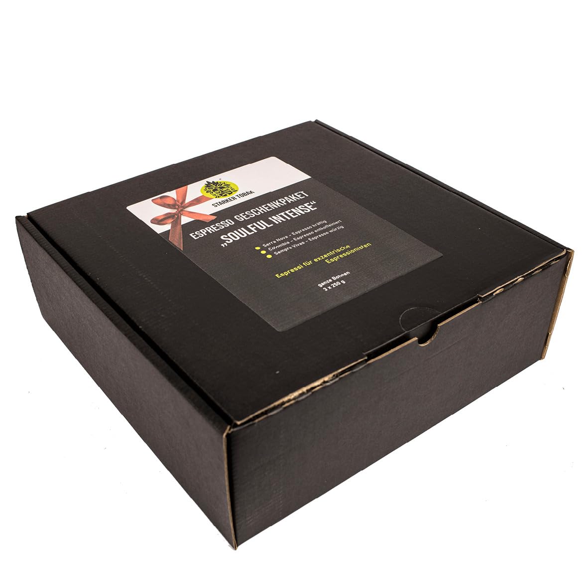Espresso Geschenkpaket „soulful INTENSE“, Geschenk-Set: 3 x 250 g Kaffee Espresso kräftig, handgeröstet, ganze Bohne, schwarzer Geschenk-Karton, ein Teilstück vom originalen Kaffee-Sack