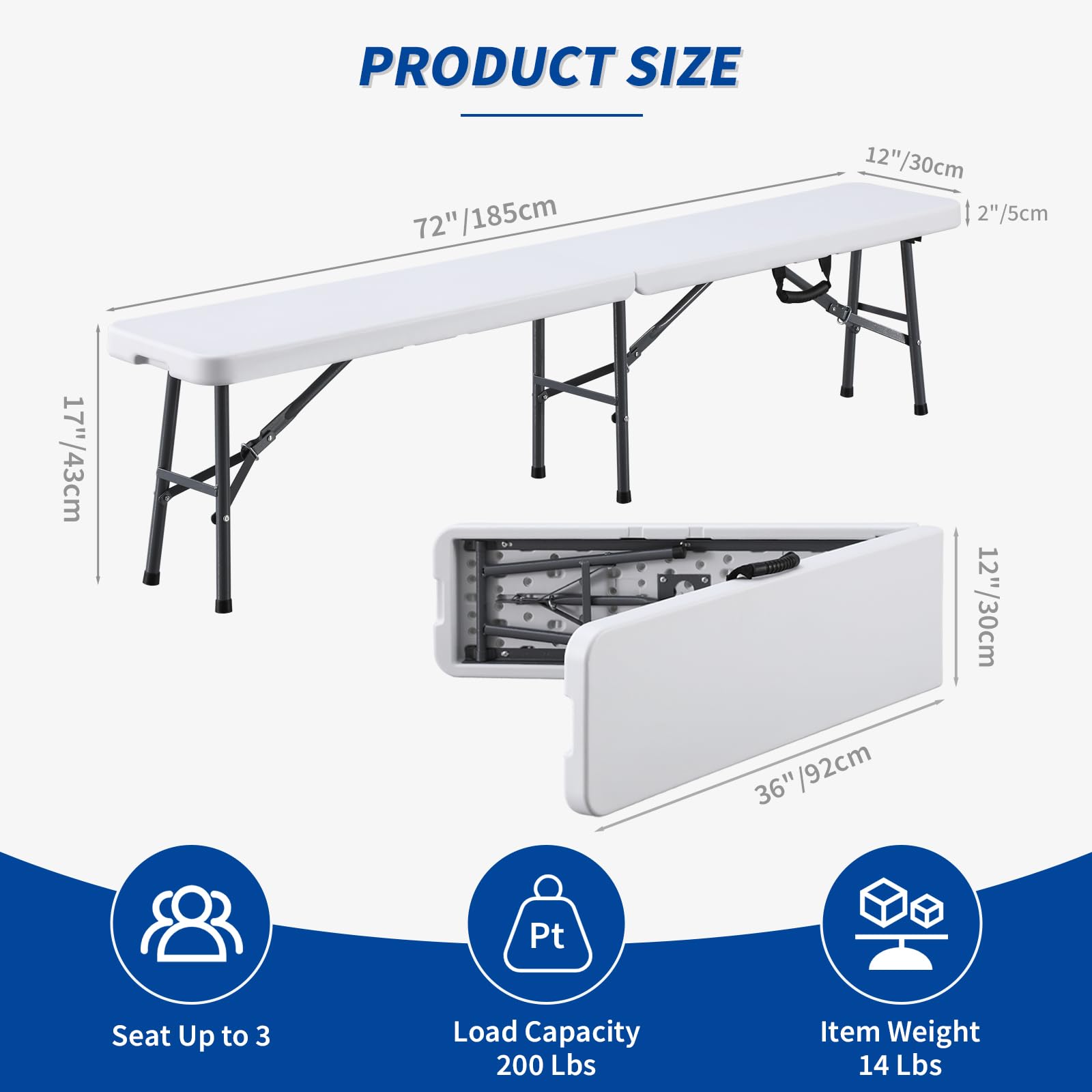 KAIHAOWIN Banc pliable en plastique blanc de 1,8 m avec poignée de transport, siège portable pour pique-nique, camping, salle à manger, fête