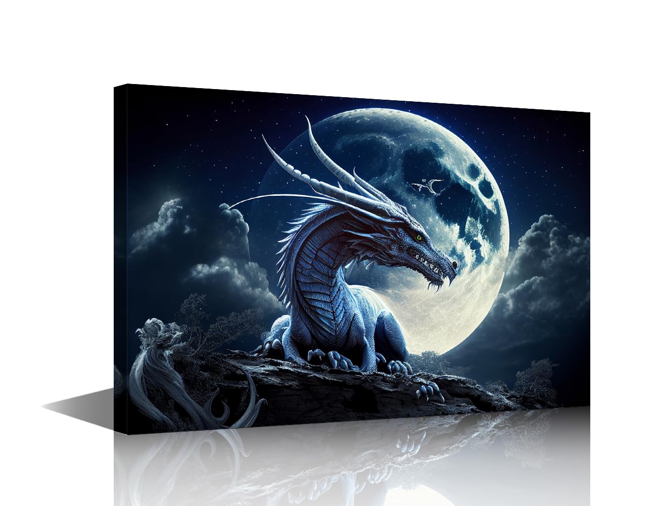 TISHIRON 1 Pieces Canvas Prints Moon and Dragon Wall Art Modern Home Decor Nightscape Poster Living Room Bedroom Decoration Animals Artwork Painting Framed Ready to Hang, 12x8in โ image 1