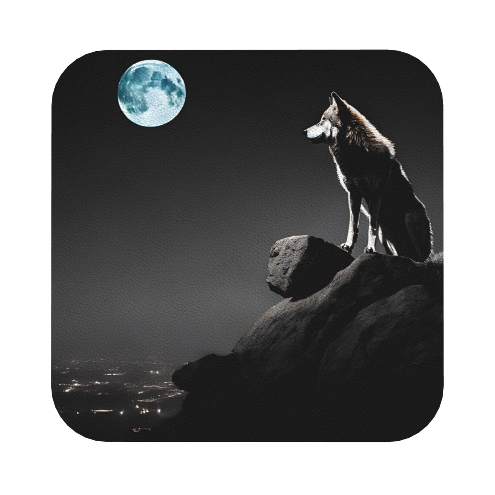 (Wolf Night Moon) Leather Coaster Set Of 6 Premium Square Drink Coasters For Home Office Restaurant Bar