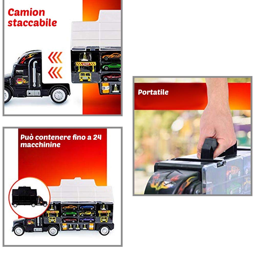 BAKAJI Camion Bisarca Giocattolo per Bambini, Vettura Porta Auto con 6 Macchinine Incluse e Accessori, Macchina Trasportatrice Gioco con Laterali Apribili, Capienza fino a 12 Macchine, 50 x 15 x 9 cm