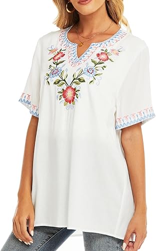 Miniatura 2 de Higustar Blusas bordadas mexicanas blancas para mujer, camisa floral campesina, ropa bohemia tradicional, blusa tipo túnica para fiesta