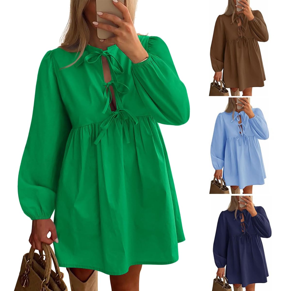 Robe Mini péplum à Manches Longues Bouffantes et nœud Papillon sur Le Devant pour Femme, Robes d'automne,Robe Courte à Volants en Ligne A, Robe Tunique Fluide Mignonne (Green,L)