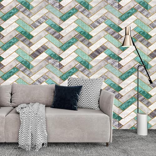 Image of WrapWall 3D Wallpaper Self Adhesive Foam Pack of 2 (70x70 cm) | Waterproof Brick Design Wallpaper |Peel & Stick DIY Wall Decor for Living Room Bedroom Kitchen (2, Green VShape)